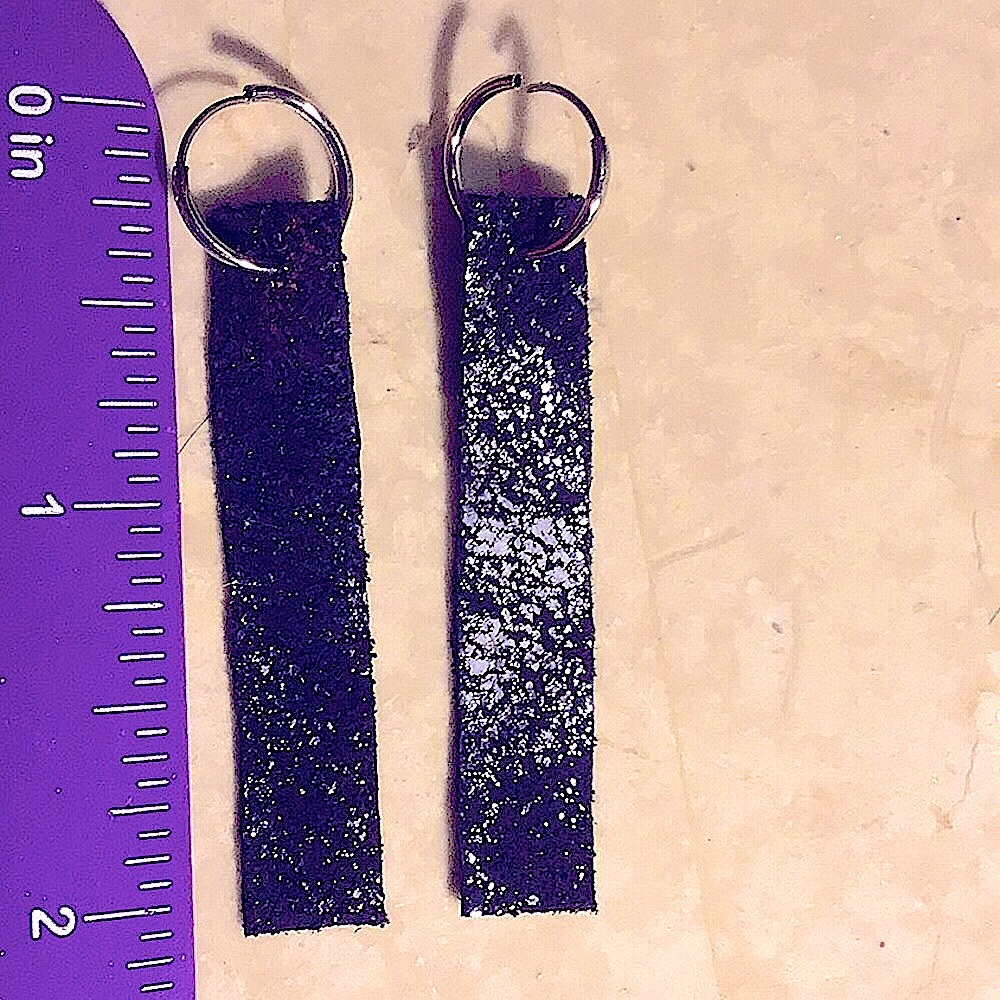 BLACK LEATHER LONG JOANNA EARRINGS ON TINY SILVER HOOPS